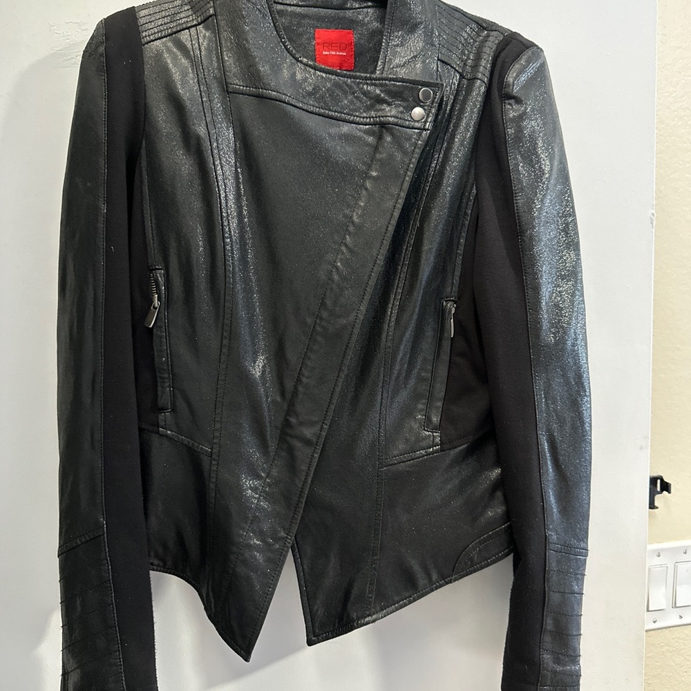 RED Saks Fifth Avenue Shimmering Black Leather Moto Jacket | Size M